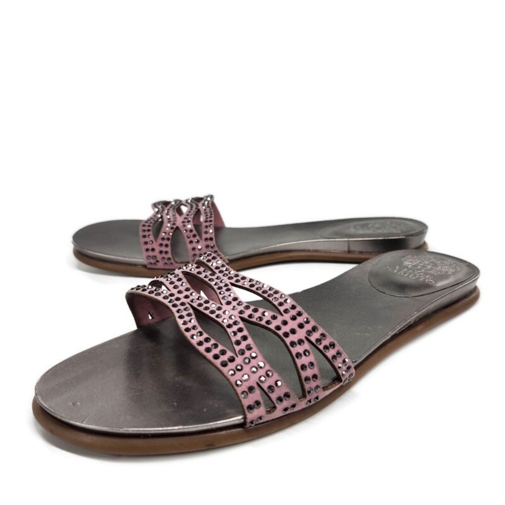 Vince Camuto Empiana Light Pink Woven Strap Black Crystals Flat Slide-On Sandals